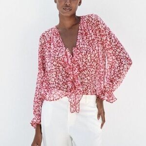 Zara Floral Ruffle Blouse Pink Red Sheer Romantic Peasant Long Sleeve Top